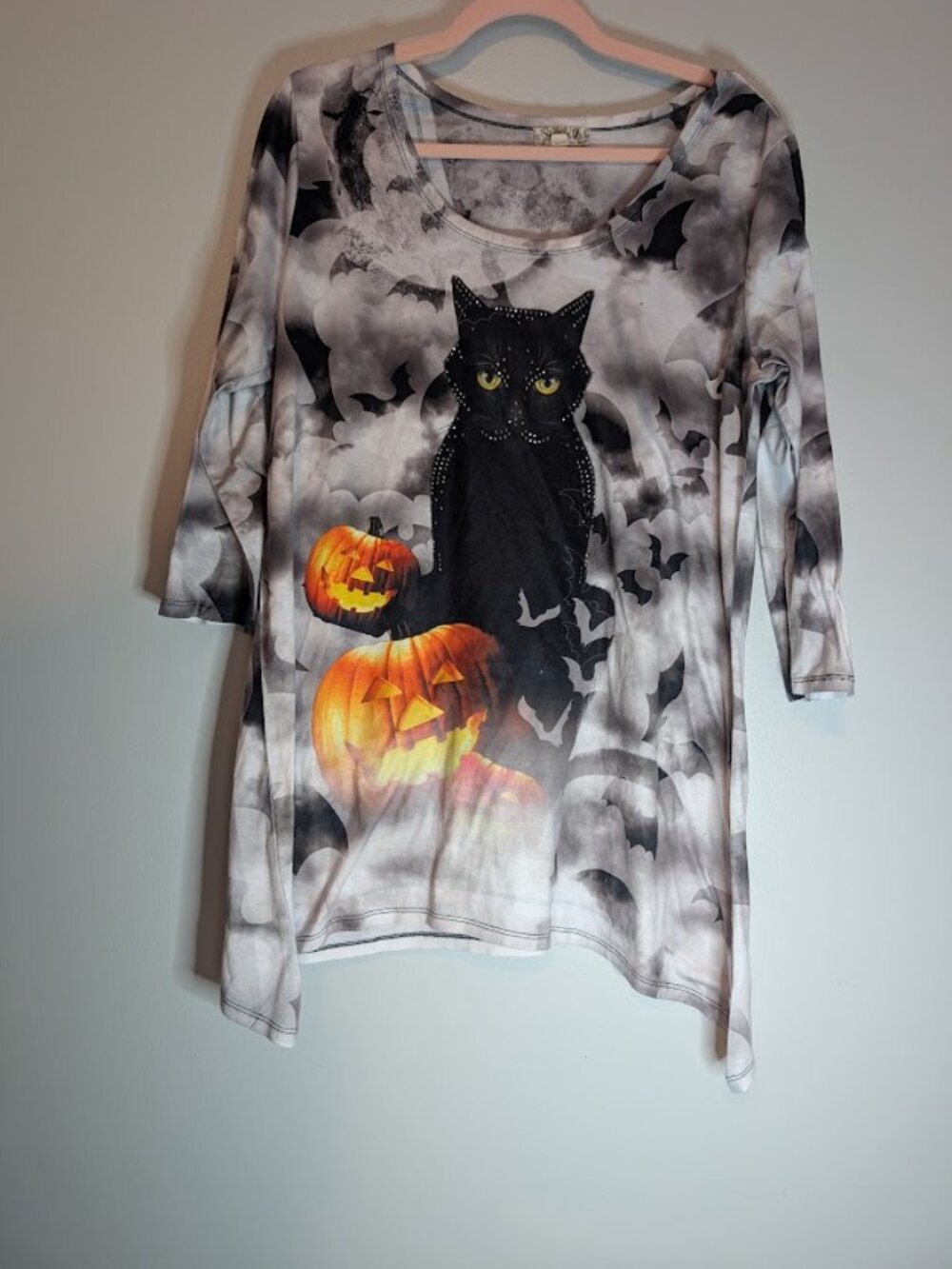 Ladies  Sparkle Cat Pumpkin 3/4 Sleeve Halloween Spooky Season Tunic